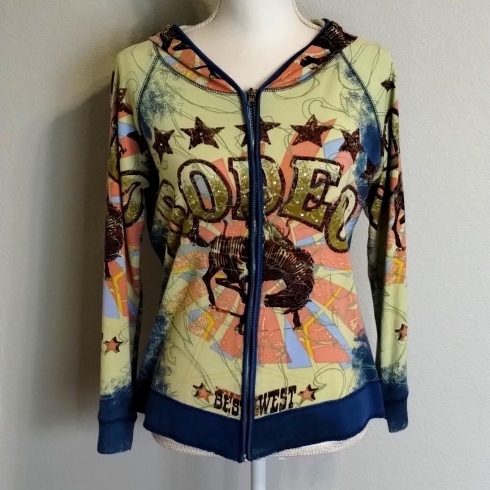 Moda USA Zip Jacket Rodeo Rhinestones Long Sleeve Blue Pink Large